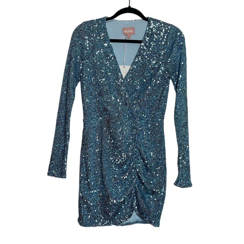 Show Me Your Mumu Sequin Ruched V Neck Long Sleeve Mini Dress NWT Size S